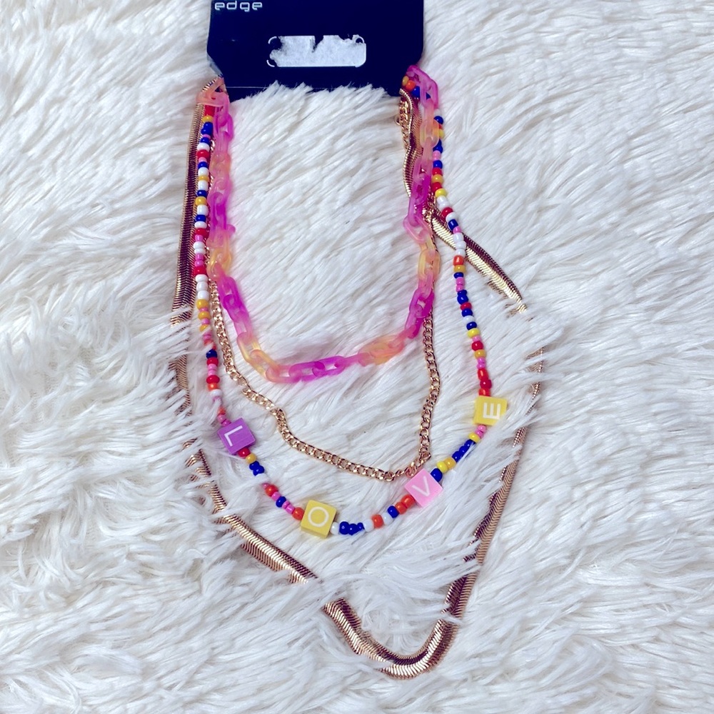 Edge Multi Colored LOVE Chain Beaded Layered Necklace